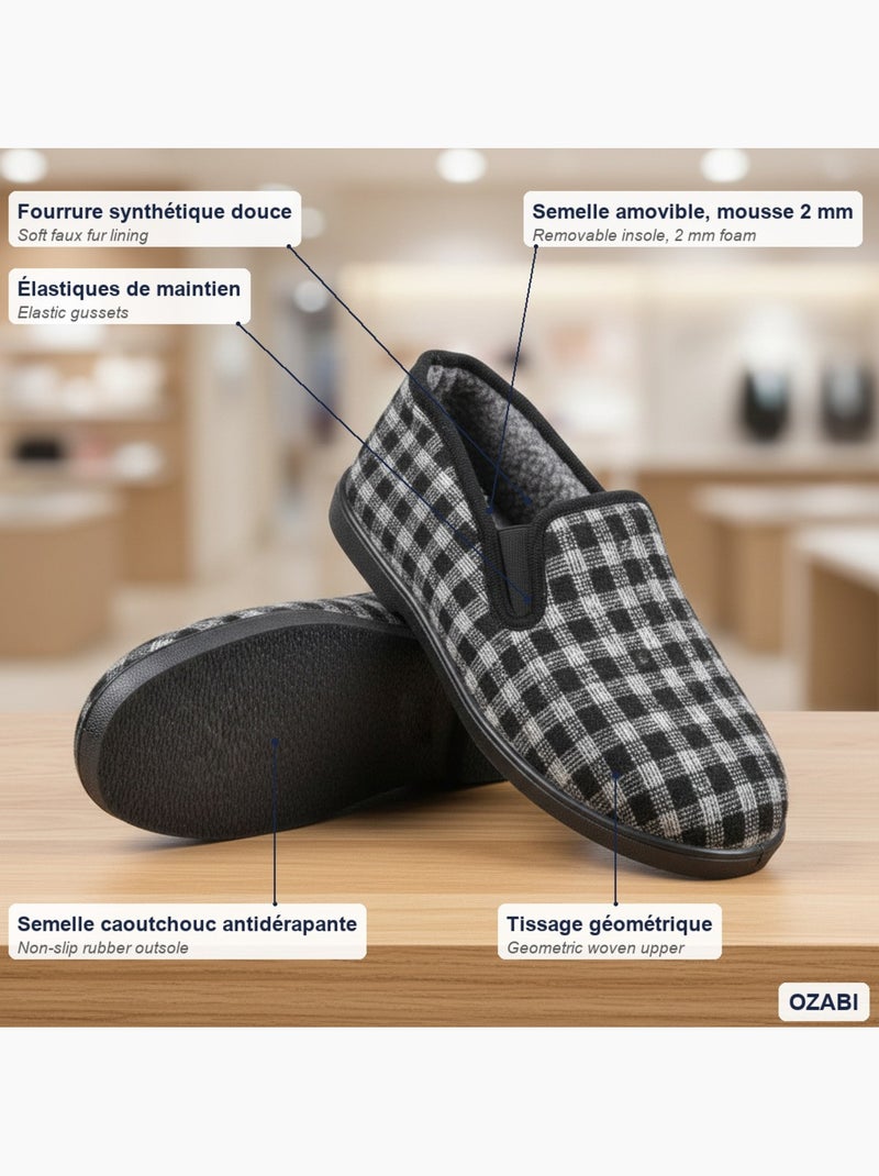 Ozabi charentaises homme fourrées carreaux et chevrons, semelle antidérapante Noir - Kiabi