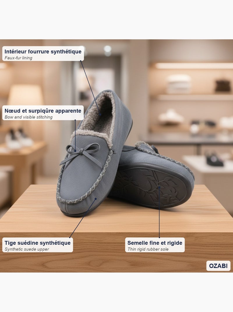 Ozabi chaussons femme fermés, suédine unie, nœud, intérieur fourré Gris - Kiabi