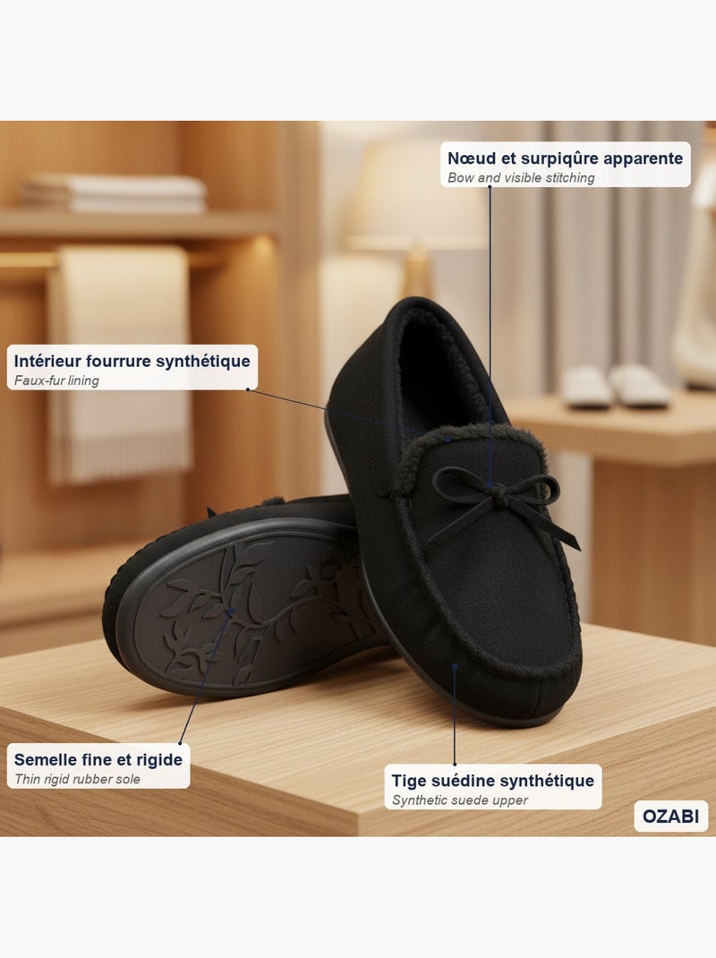 Ozabi chaussons femme fermés, suédine unie, nœud, intérieur fourré Noir - Kiabi