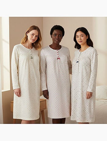 Ozabi chemise de nuit femme pack de 3, coton manches longues, col rond 4 boutons
