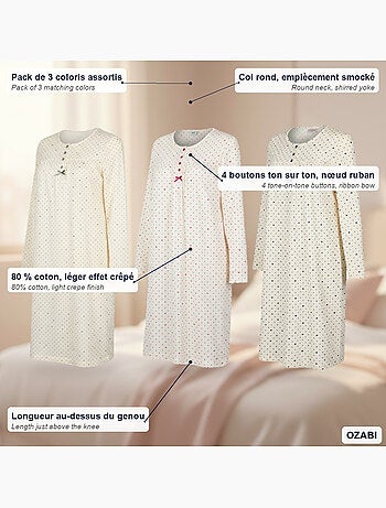Ozabi chemise de nuit femme pack de 3, coton manches longues, col rond 4 boutons