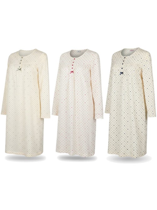 Ozabi chemise de nuit femme pack de 3, coton manches longues, col rond 4 boutons - Kiabi