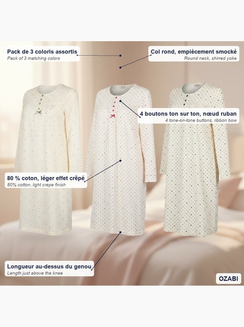 Ozabi chemise de nuit femme pack de 3, coton manches longues, col rond 4 boutons - Kiabi