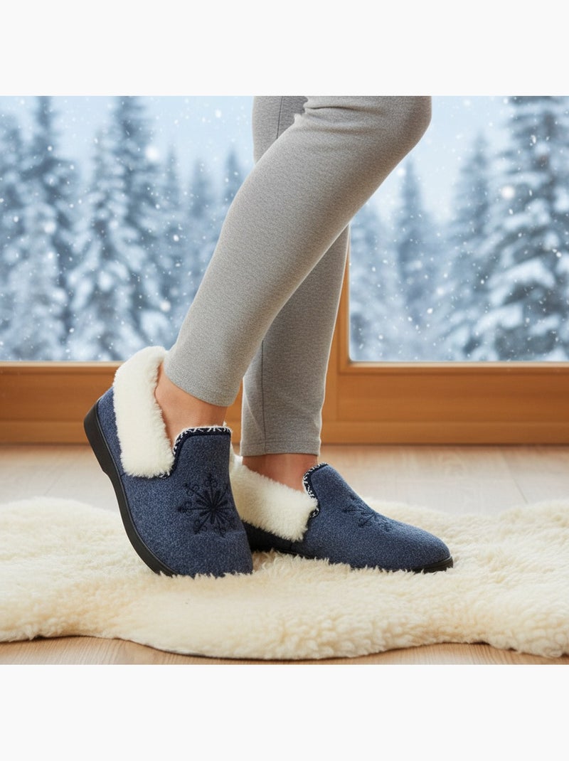 Ozabi dames charentaise winter, sneeuwvlok broderie, bontenkraag, verwijderbare zool Marineblauw - Kiabi