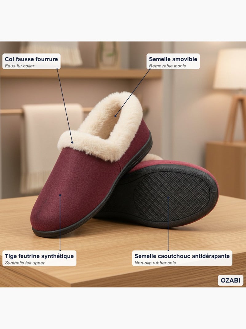 Ozabi dames huisslippers winter, voeringvoering, kraag nepbont Bordeaux - Kiabi