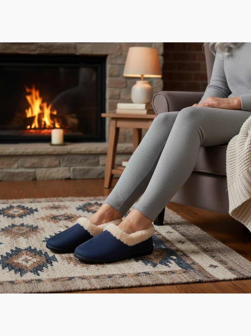 Ozabi dames huisslippers winter, voeringvoering, kraag nepbont Marineblauw - Kiabi