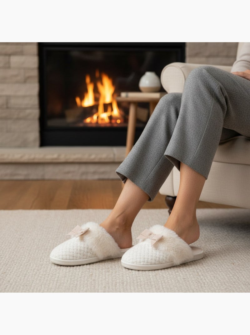 Ozabi dames muiltjes, gebreid lurexgaren, kraag nepbont en strik Beige - Kiabi