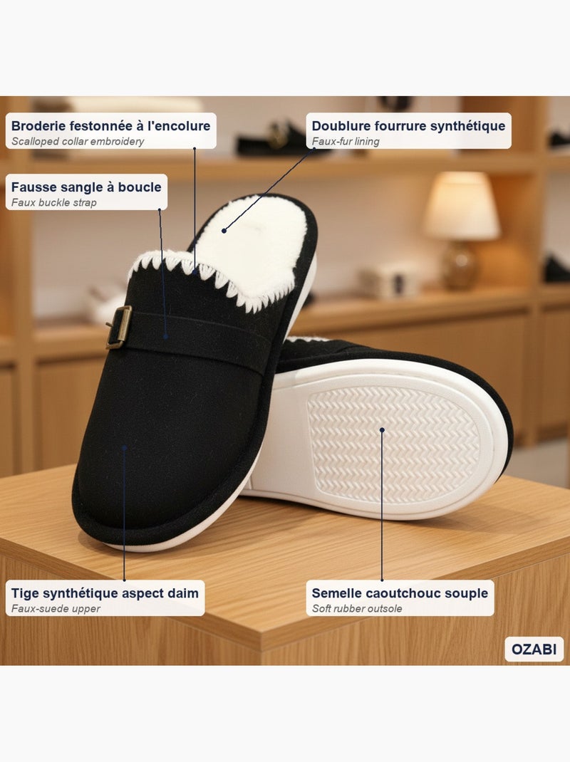 Ozabi dames mules, suède-look, scandinavische borduurwerk, bontvoering Zwart - Kiabi