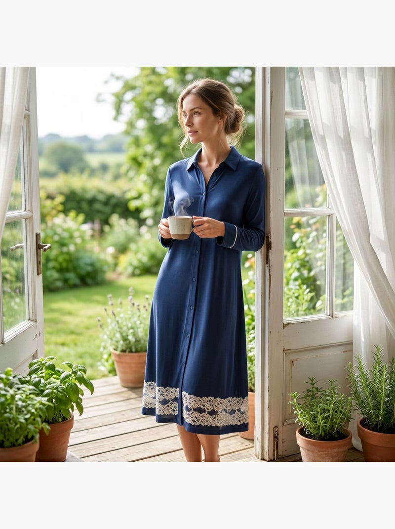 OZABI Dames Nachthemd Gesloten Kant Viscose Marineblauw - Kiabi