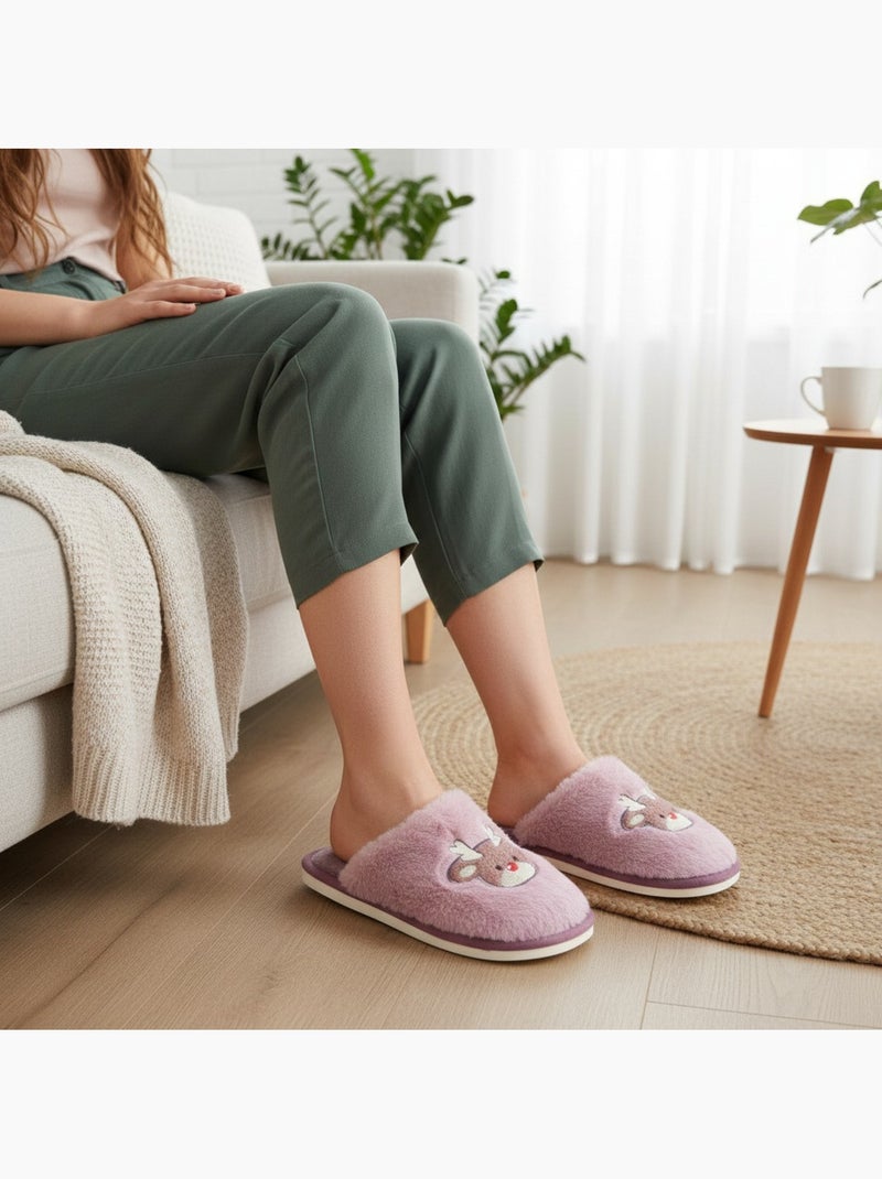 Ozabi dames pantoffels open, synthetische bont, brodeerde rendier Lichtlila - Kiabi