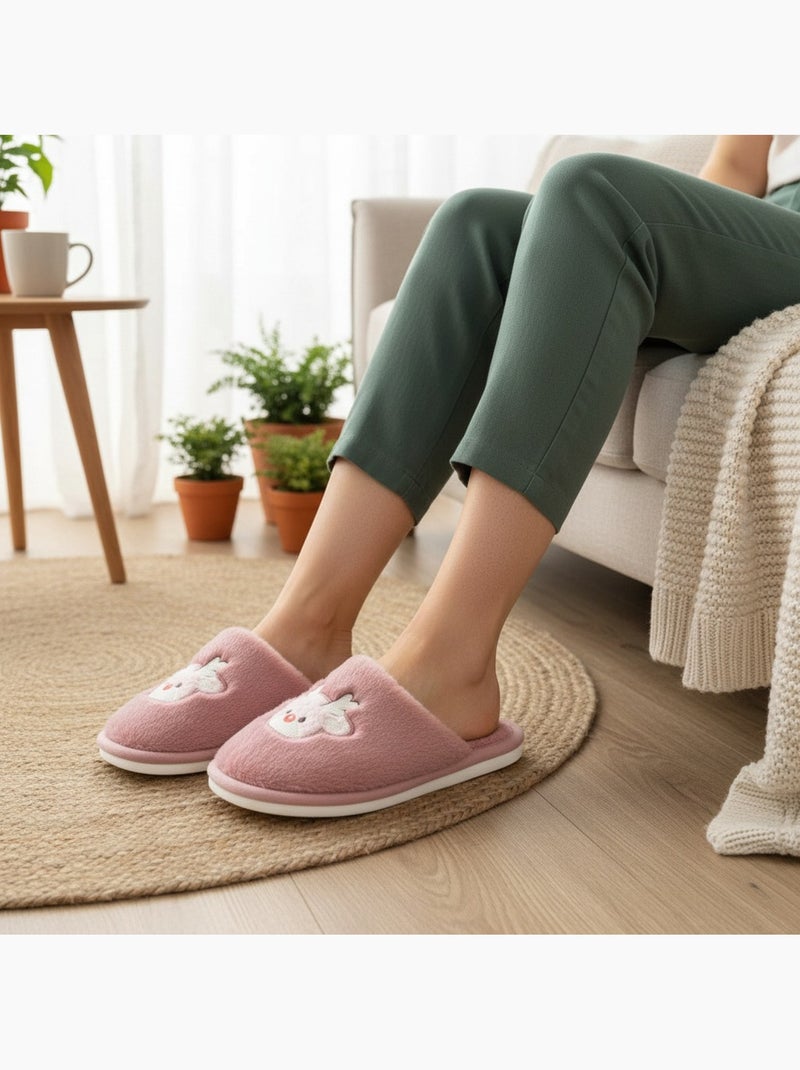 Ozabi dames pantoffels open, synthetische bont, brodeerde rendier Roze - Kiabi