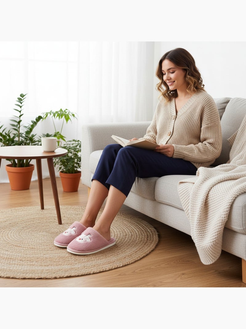 Ozabi dames pantoffels open, synthetische bont, brodeerde rendier Roze - Kiabi
