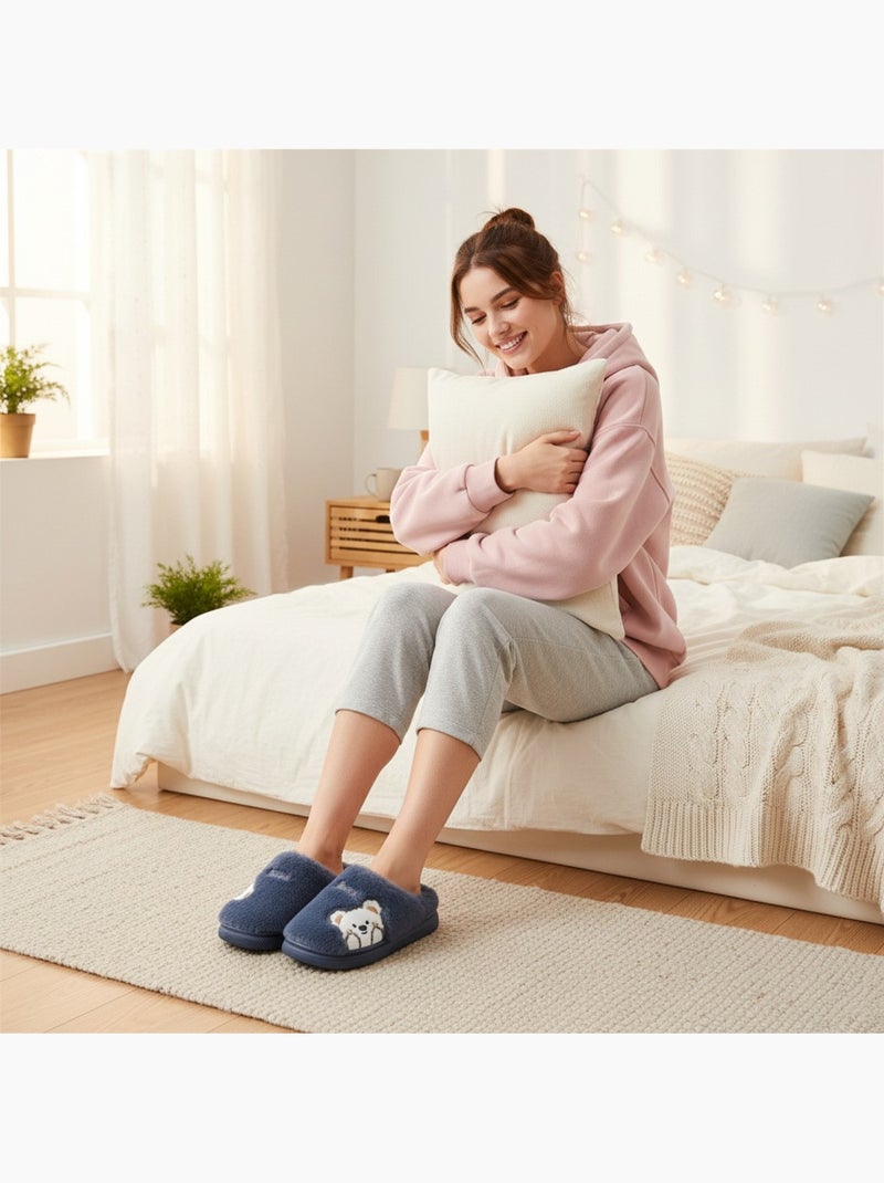 Ozabi dames pantoffels open, synthetische bont, geborduurd beertje Marineblauw - Kiabi