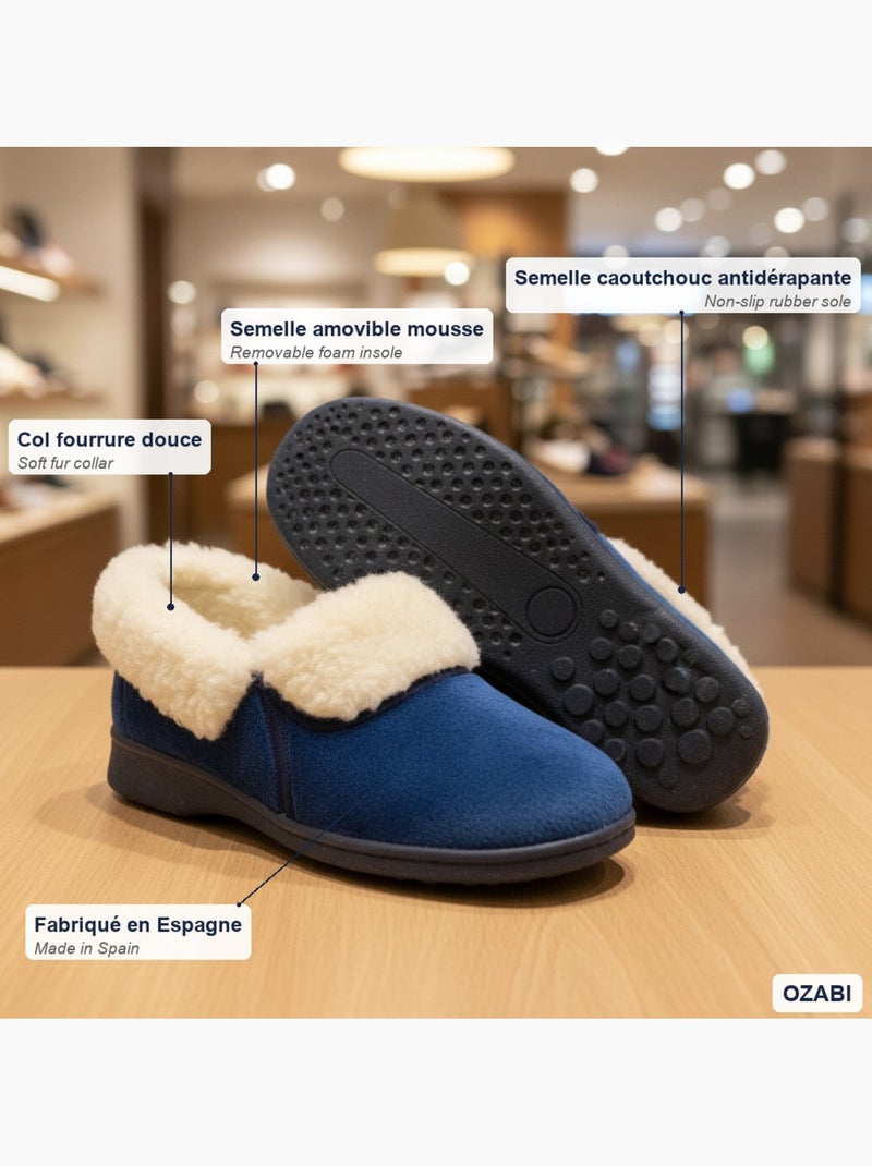 Ozabi dames pantoffels spaanse maak, bontenkraag, afneembare zool Donkerblauw - Kiabi