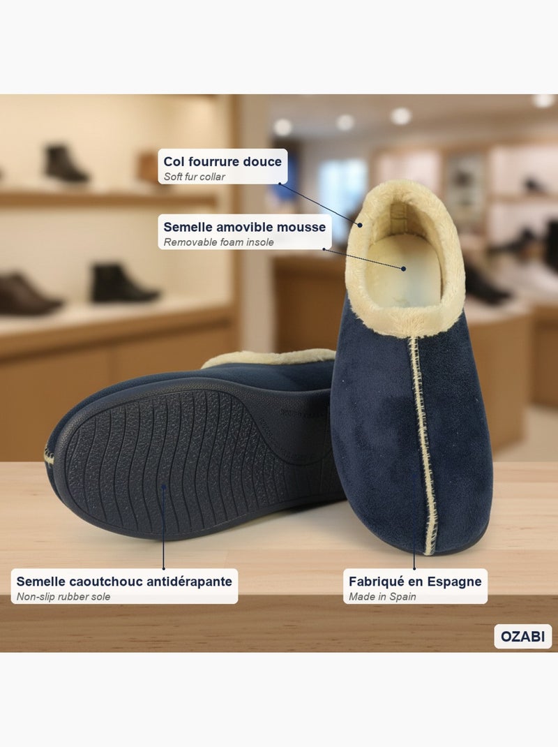 Ozabi dames pantoffels spaanse maak, bontenkraag, afneembare zool Marineblauw - Kiabi