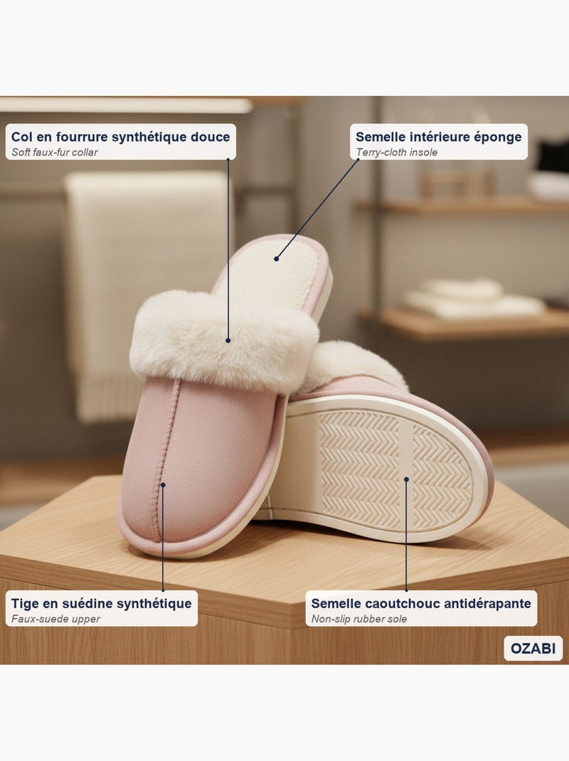 Ozabi dames pantoffels suède, kunstbont kraag Roze - Kiabi