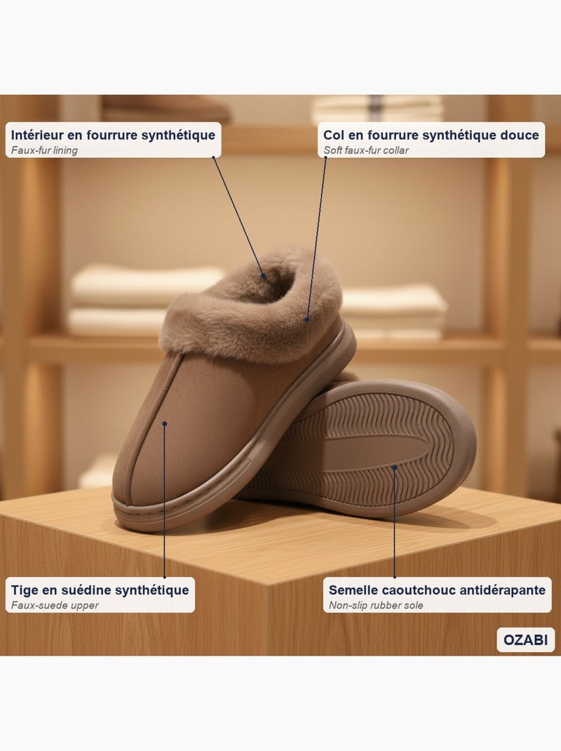 Ozabi dames pantoffels, suèdinelook met bontk Bruin - Kiabi