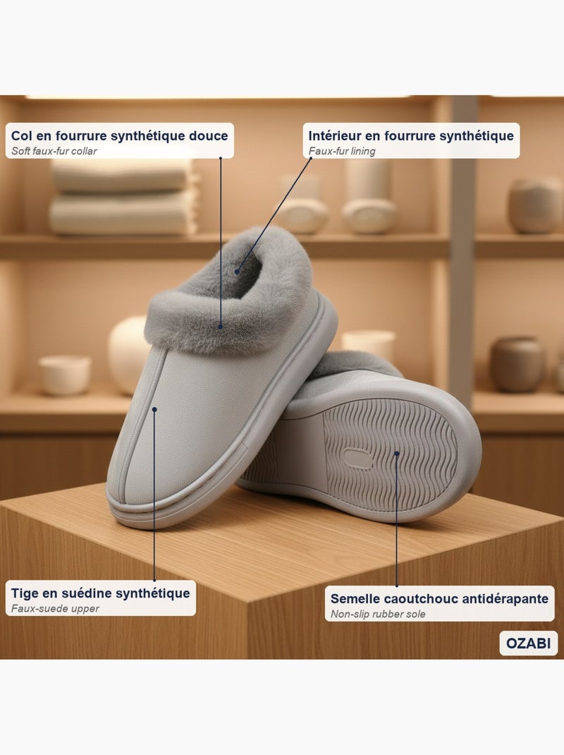 Ozabi dames pantoffels, suèdinelook met bontk Grijs - Kiabi