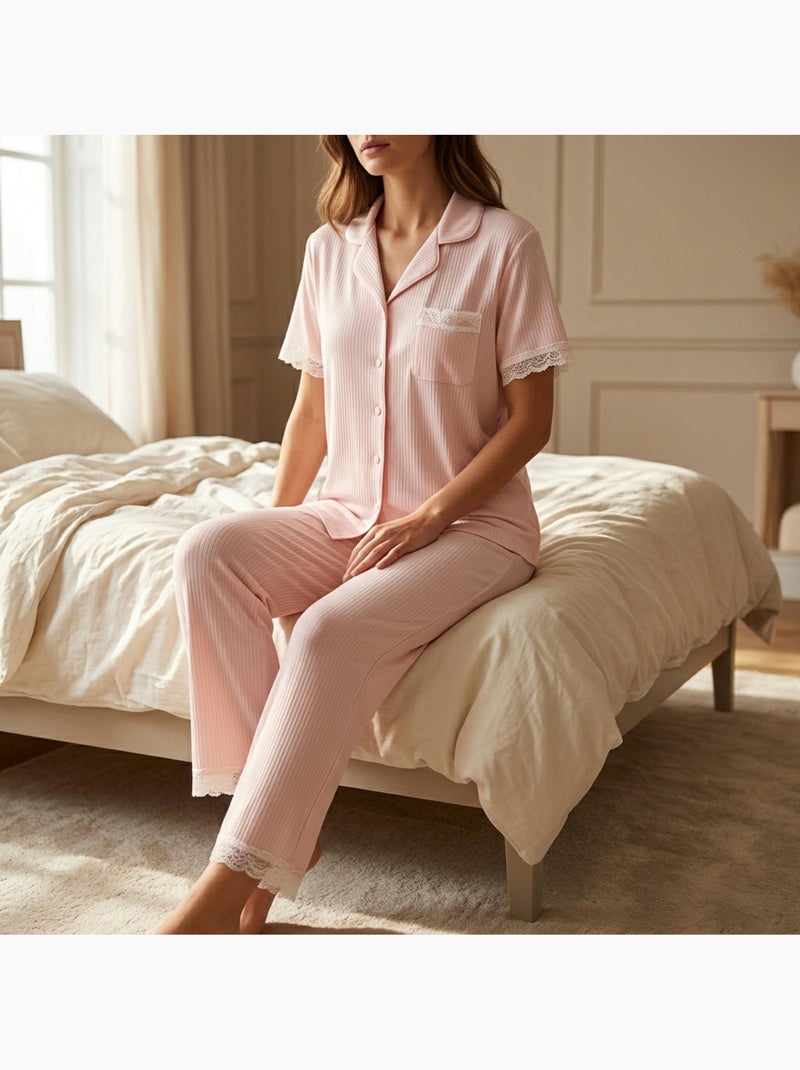 OZABI Dames Pyjama Lang Knoop Kant Ultra Licht Roze - Kiabi