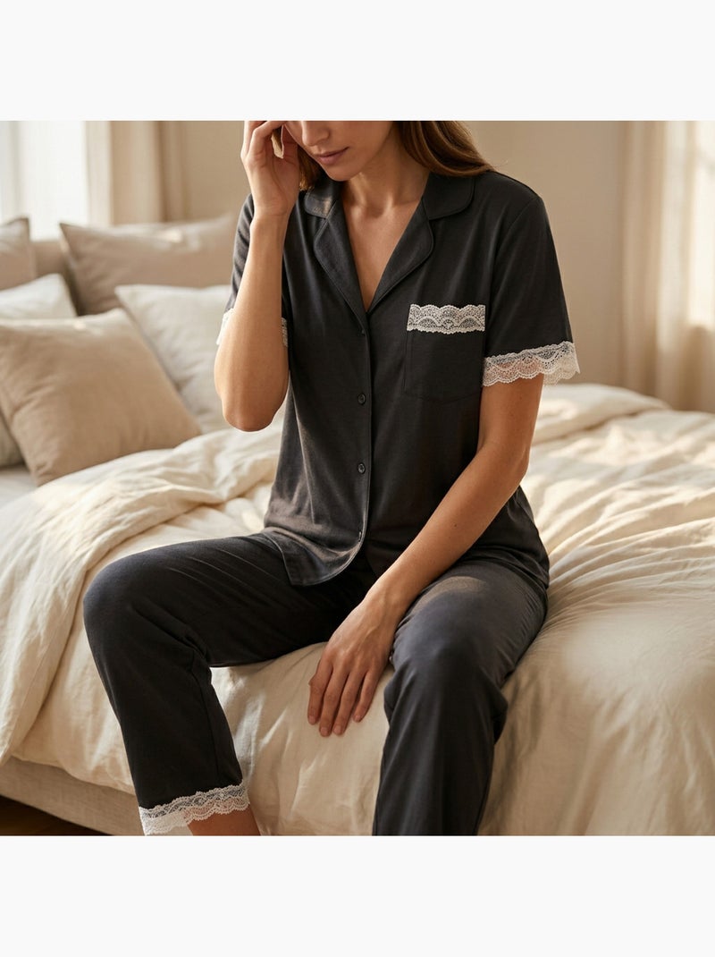 OZABI Dames Pyjama Lang Knoop Kant Ultra Licht Zwart - Kiabi