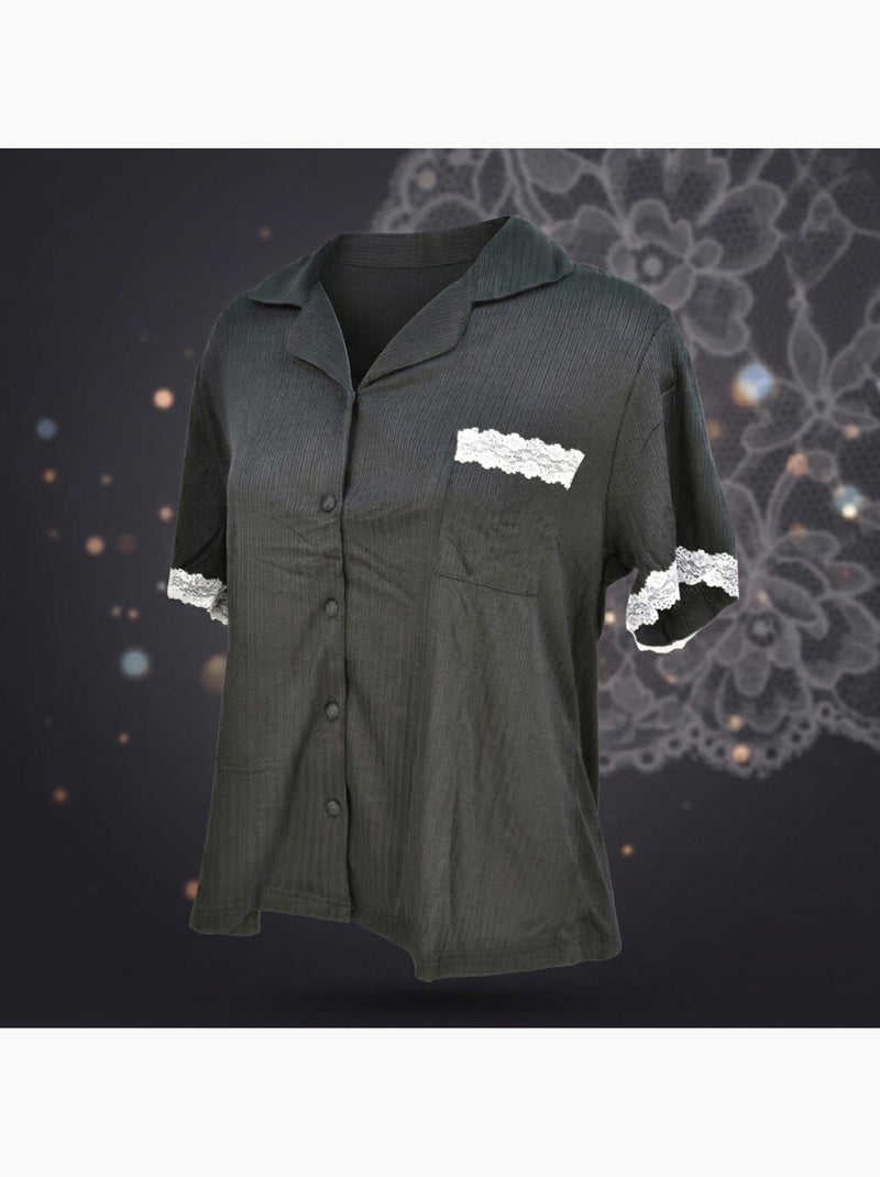OZABI Dames Pyjama Lang Knoop Kant Ultra Licht Zwart - Kiabi