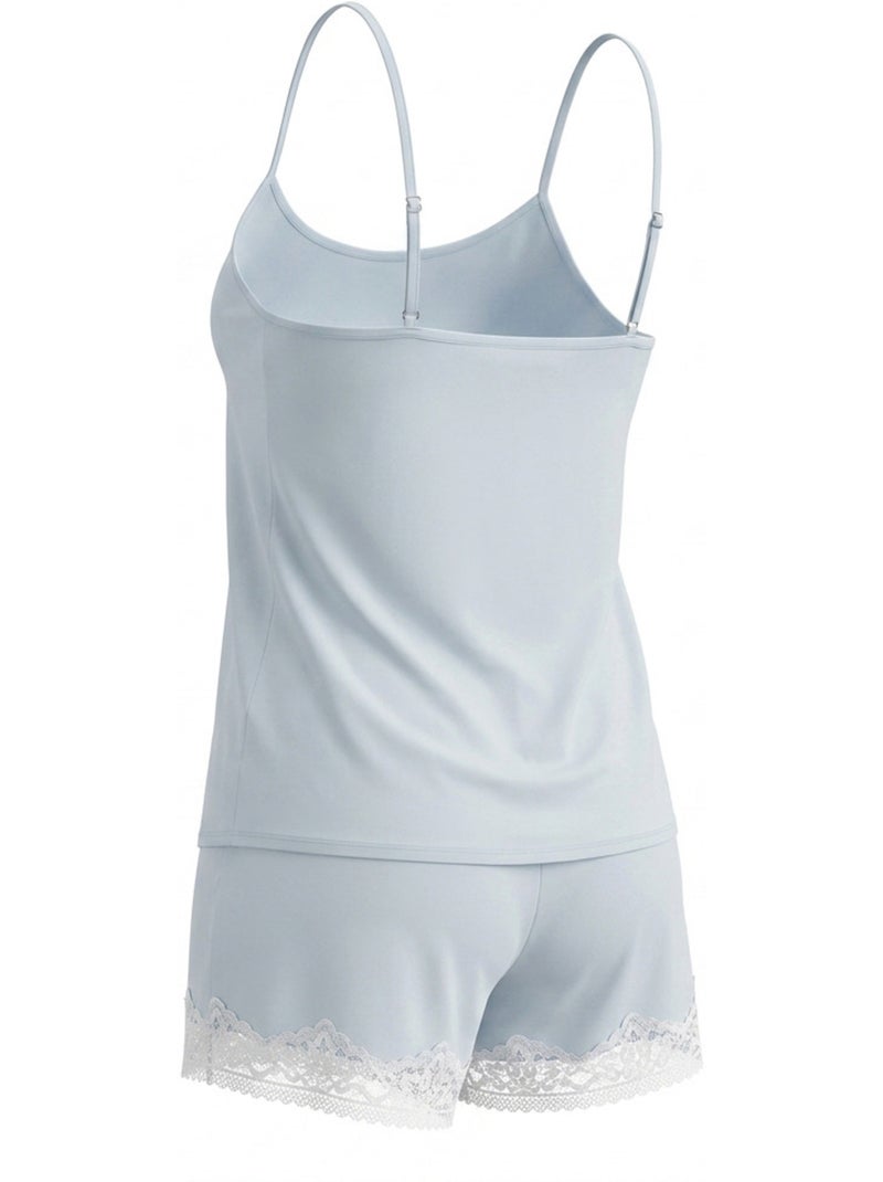 OZABI Dames Pyjama Viscose Hemdje V-hals Kant Zacht Aanvoelen Blauw - Kiabi