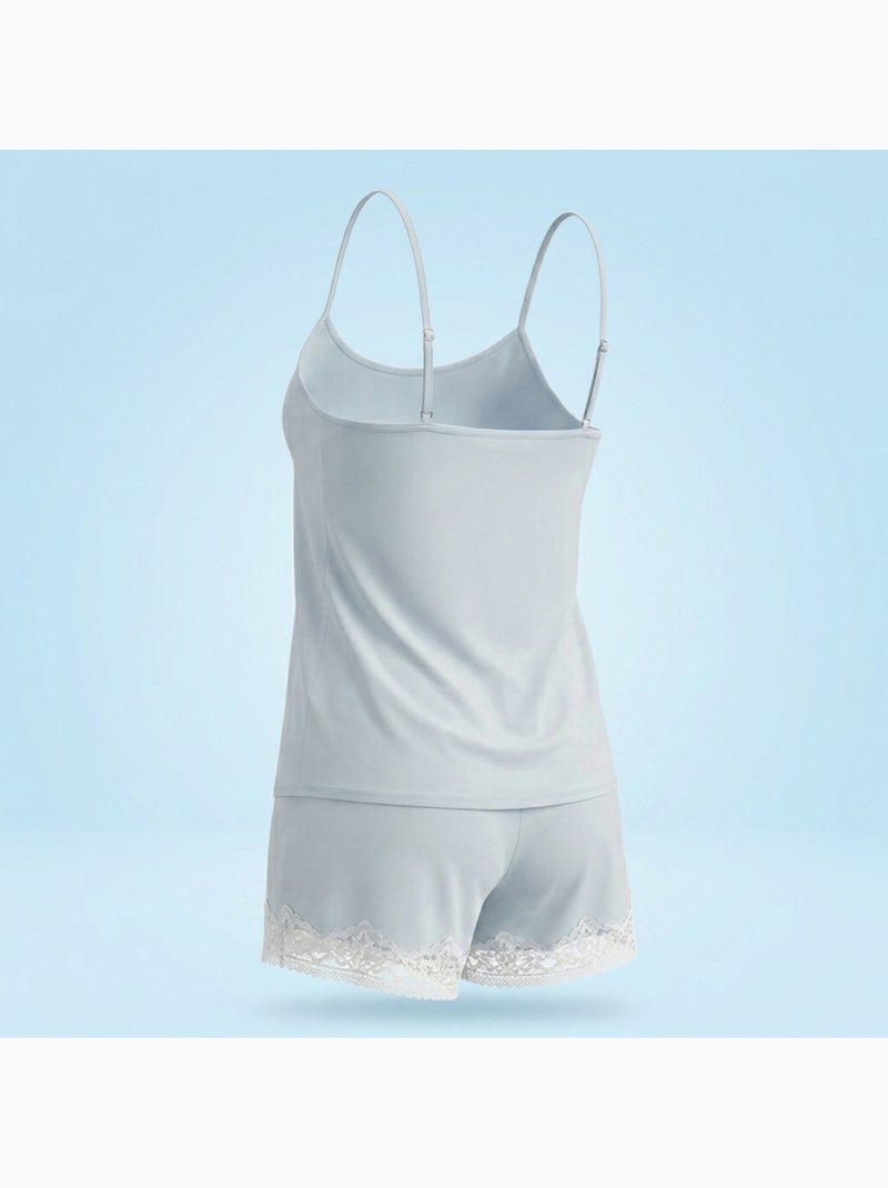 OZABI Dames Pyjama Viscose Hemdje V-hals Kant Zacht Aanvoelen Blauw - Kiabi