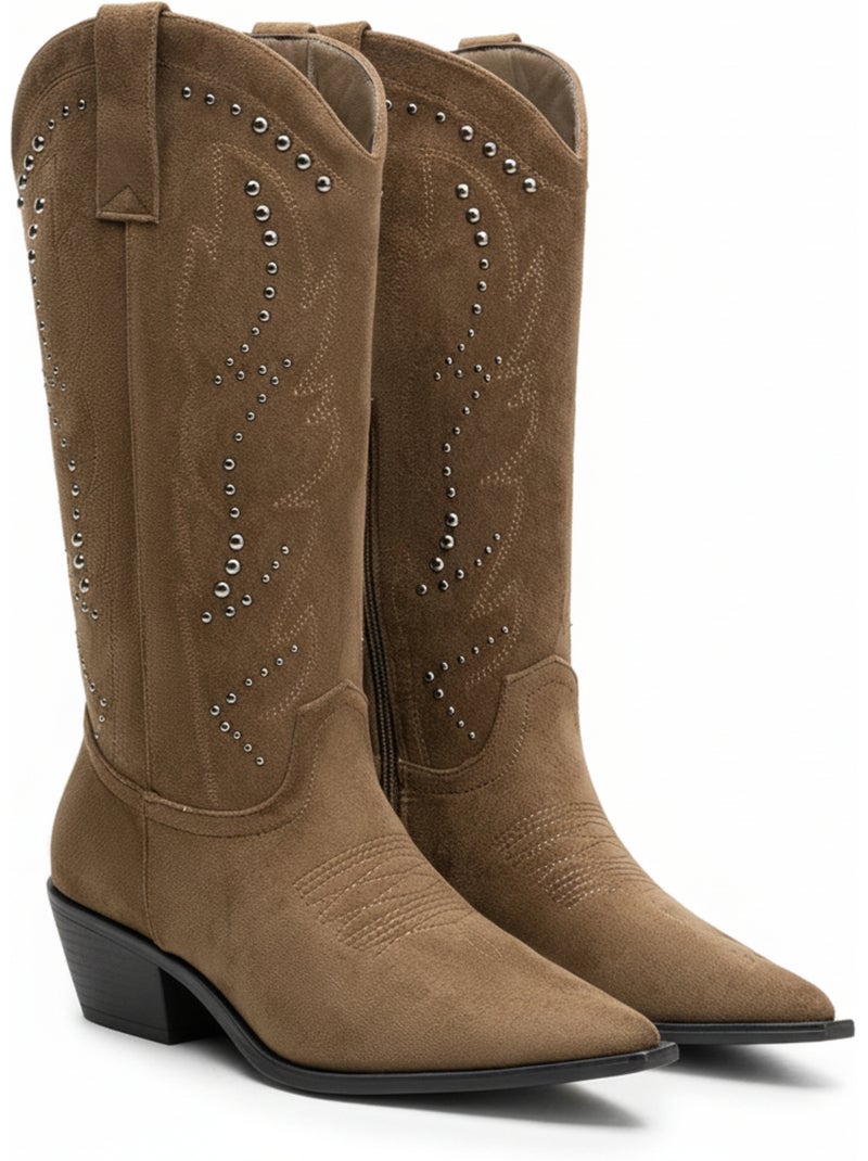 Ozabi dames santiag-laarzen suède studs blokhak 4 cm Caramelbruin - Kiabi