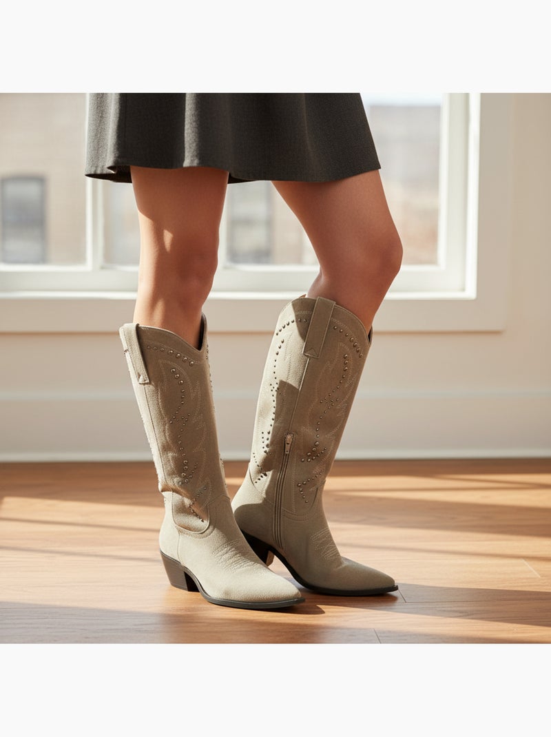Ozabi dames santiag-laarzen suède studs blokhak 4 cm Taupe - Kiabi