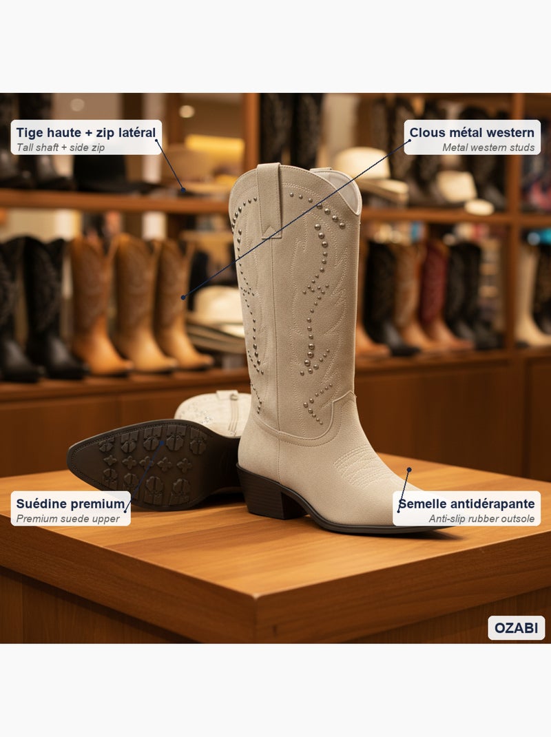 Ozabi dames santiag-laarzen suède studs blokhak 4 cm Taupe - Kiabi