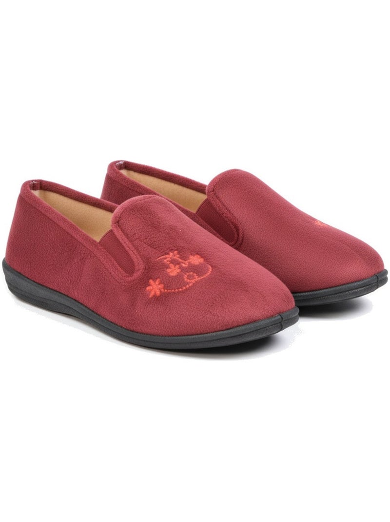 Ozabi dameshuisschoenen, gestikt vilt met bloemen, elastische sluiting Bordeaux - Kiabi