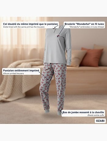 Ozabi ensemble pyjama femme coton doublé polaire broderie lurex