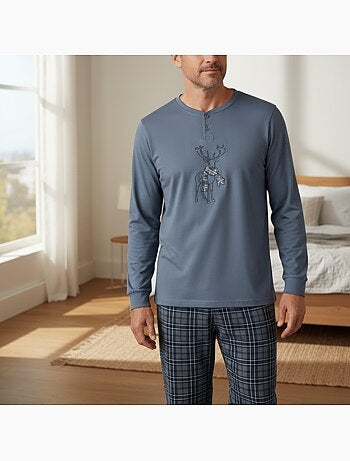 Ozabi ensemble pyjama homme coton majoritaire broderie cerf écossais