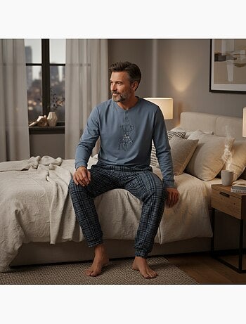Ozabi ensemble pyjama homme coton majoritaire broderie cerf écossais