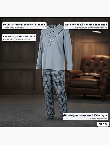 Ozabi ensemble pyjama homme coton majoritaire broderie cerf écossais
