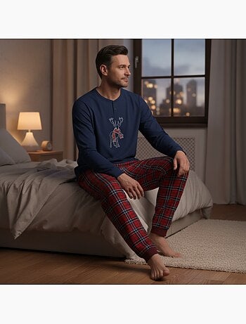 Ozabi ensemble pyjama homme coton majoritaire broderie cerf écossais