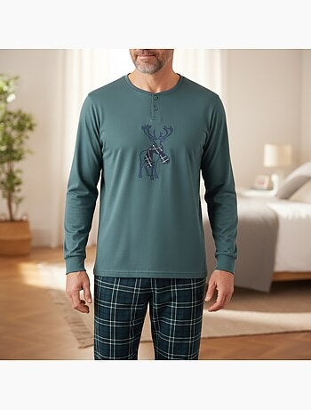 Ozabi ensemble pyjama homme coton majoritaire broderie cerf écossais