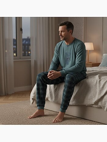 Ozabi ensemble pyjama homme coton majoritaire broderie cerf écossais