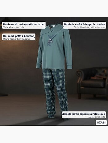 Ozabi ensemble pyjama homme coton majoritaire broderie cerf écossais