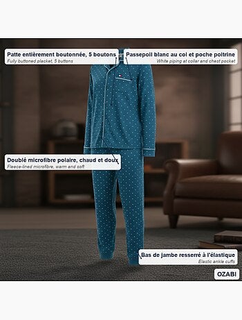 Ozabi ensemble pyjama homme doublé polaire boutonné petits pois