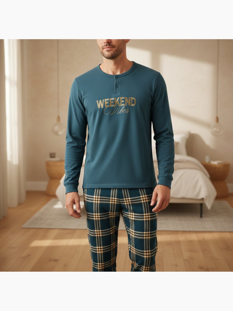 Ozabi ensemble pyjama homme doublé polaire broderie weekend vibes Bleu - Kiabi