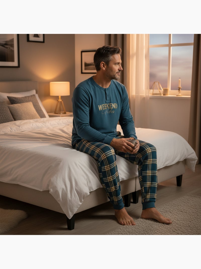Ozabi ensemble pyjama homme doublé polaire broderie weekend vibes Bleu - Kiabi