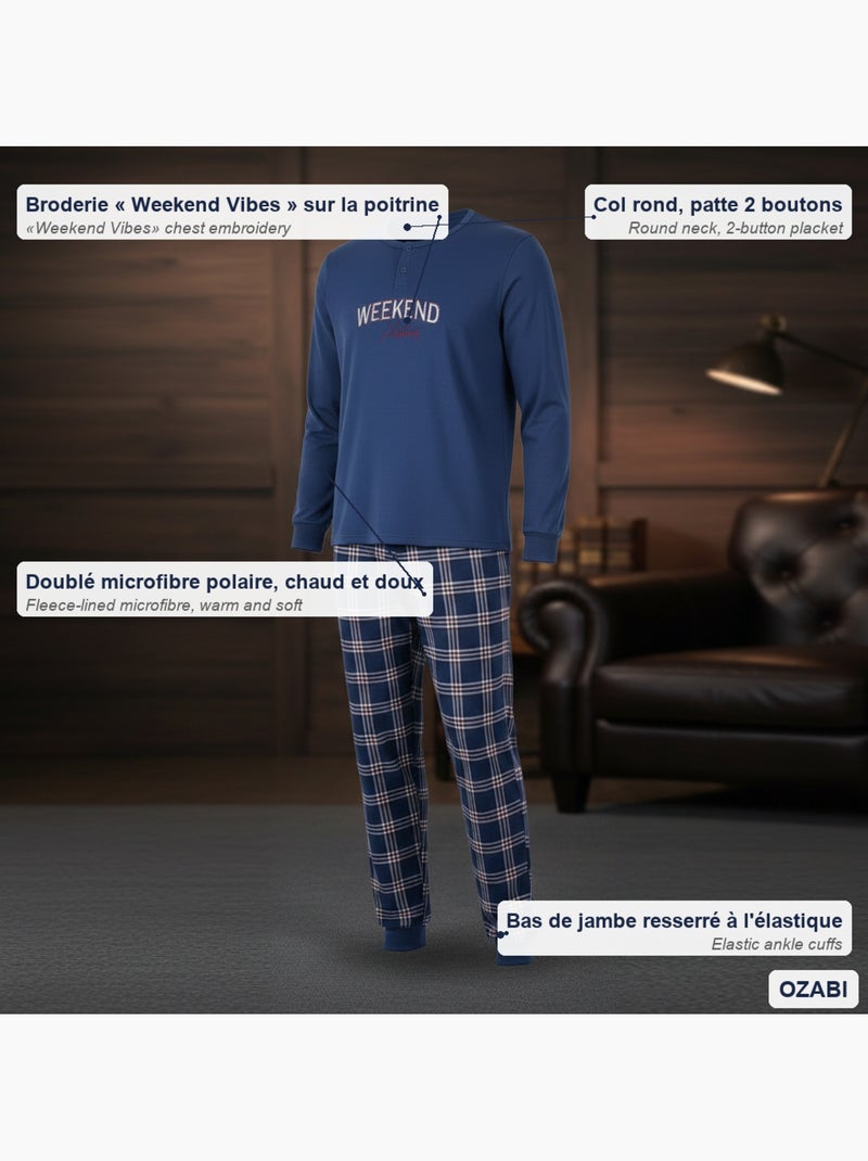 Ozabi ensemble pyjama homme doublé polaire broderie weekend vibes Bleu marine - Kiabi