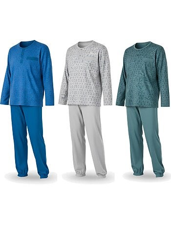 Ozabi ensemble pyjama homme long pack de 3, haut imprimé col boutonné