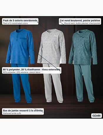 Ozabi ensemble pyjama homme long pack de 3, haut imprimé col boutonné