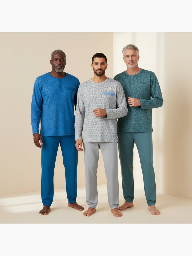 Ozabi ensemble pyjama homme long pack de 3, haut imprimé col boutonné Bleu Gris Bleu - Kiabi