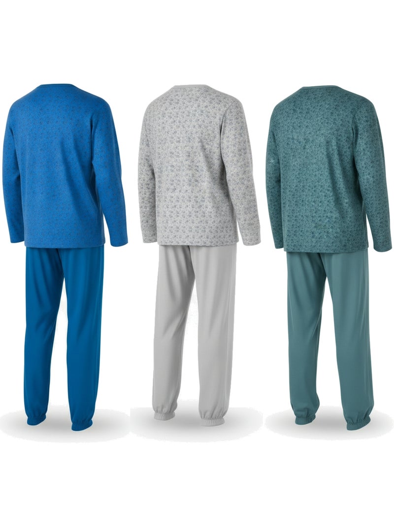 Ozabi ensemble pyjama homme long pack de 3, haut imprimé col boutonné Bleu Gris Bleu - Kiabi