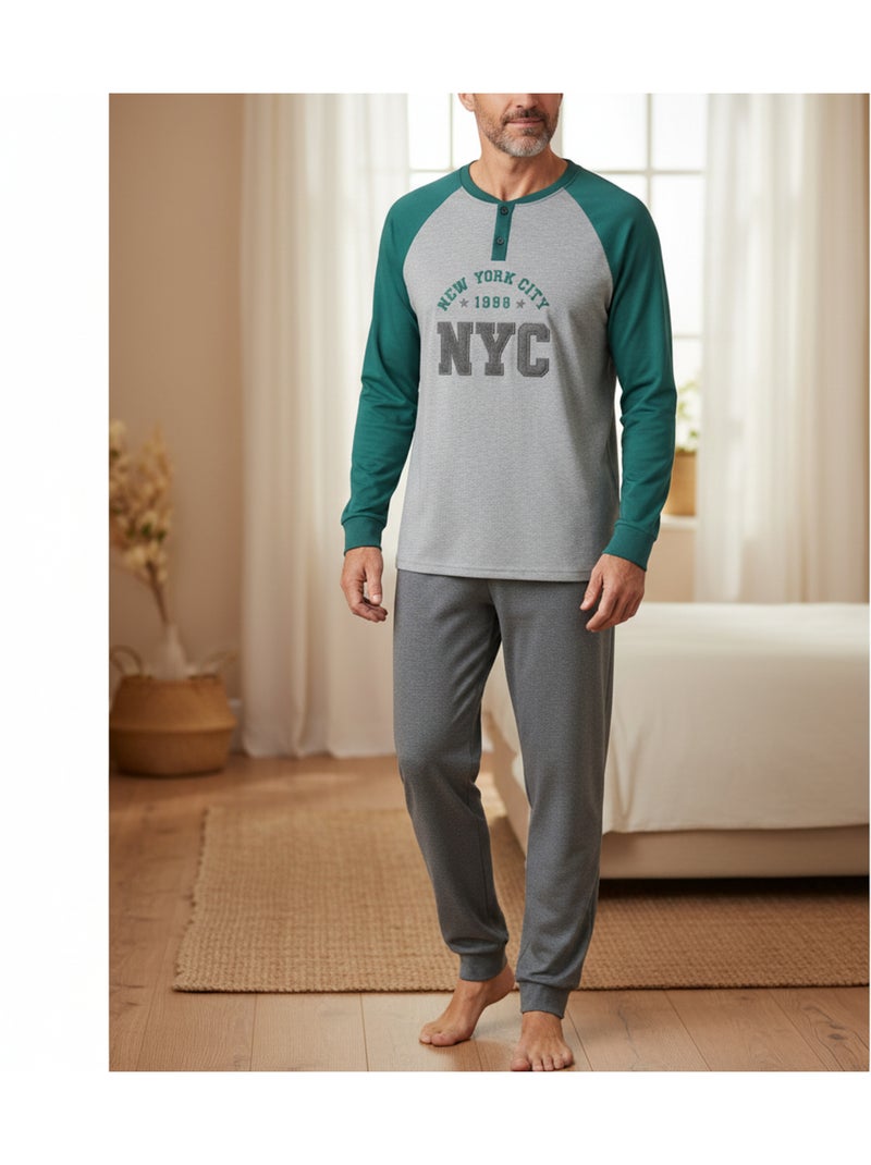 Ozabi heren pyjama fleece geborduurde new york city Groen - Kiabi