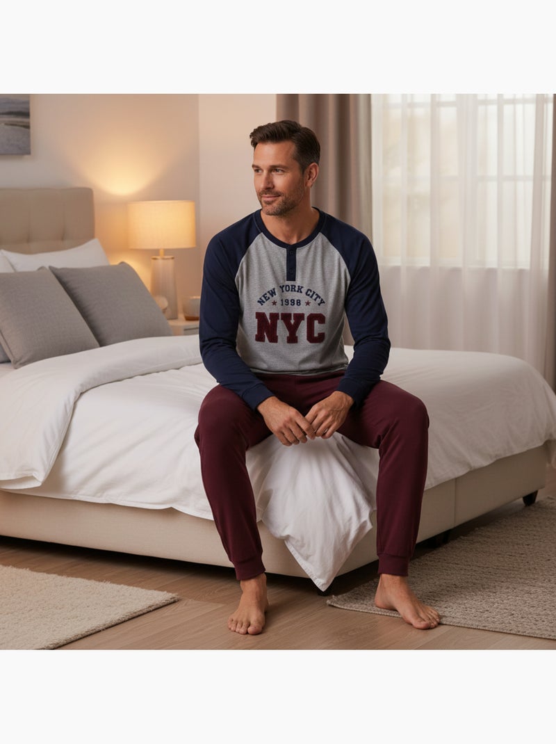 Ozabi heren pyjama fleece geborduurde new york city Marineblauw - Kiabi