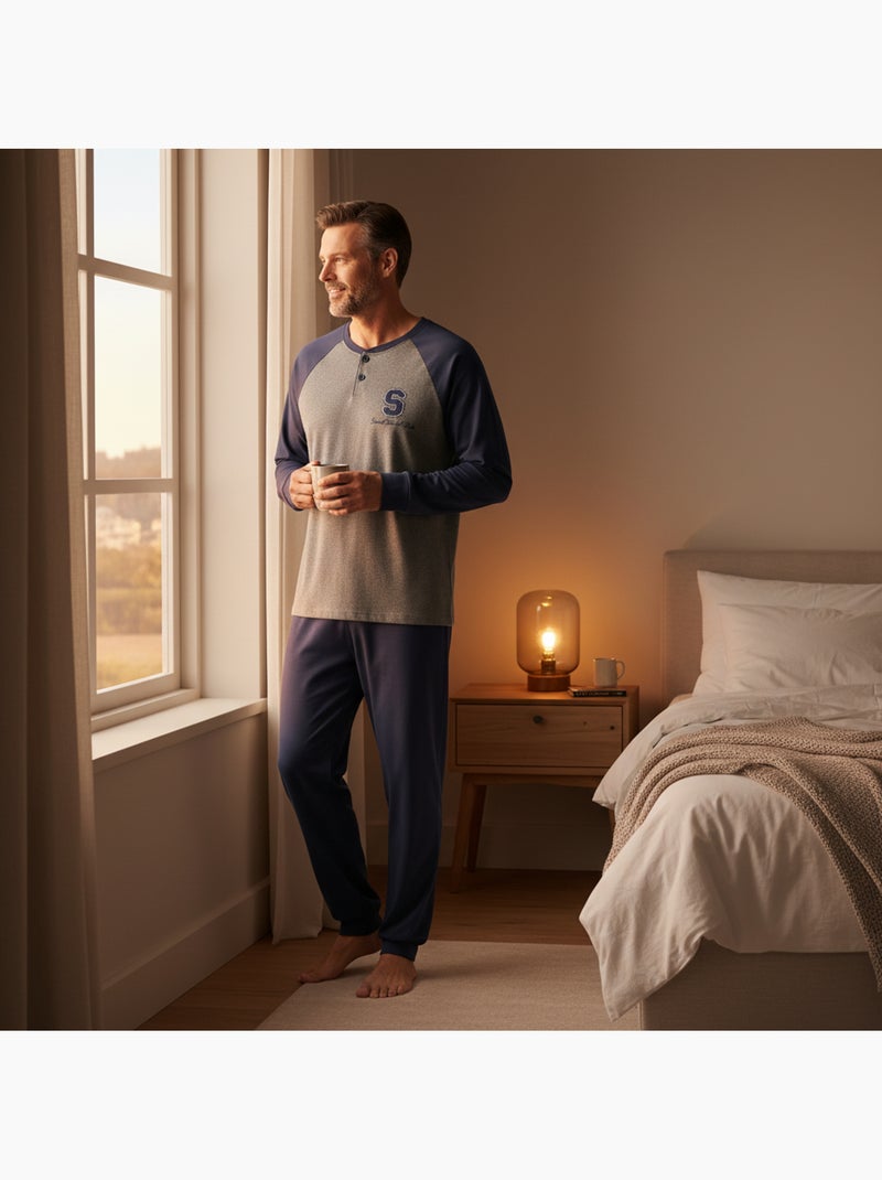 Ozabi heren pyjama fleece gevoerd bicolor sweet secret club Marineblauw - Kiabi